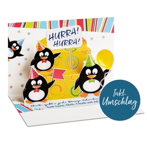 bsb Pop-Up Karte Geburtstag - 3D Geburtstagskarte Pop Up - schöne Geschenk-Karte mit Pinguin-Motiv in 11,5 x 17 cm - überraschende Geburtstagskarte Mann & Frau inkl. Umschlag von bsb