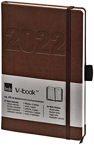 bsb Terminkalender Wochenplaner Taschenkalender Buchkalender, 2022, ca. A5, braun - weiches Kunstleder - mit Gummiband, 1 Woche = 2 Seiten, bsb V-Book, 02-0148 von bsb