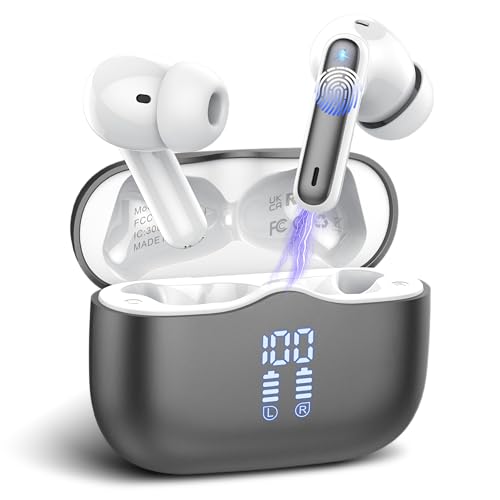 Bluetooth Kopfhörer, Kopfhörer Kabellos Bluetooth 5.4 In Ear Kopfhörer mit 4 Mikrofon HiFi Stereo, ENC Noise Cancelling Kabellose Kopfhörer 40Std Tiefer Bass, IP7 Wasserdicht Ohrhörer,LED Anzeige Grau von buwy