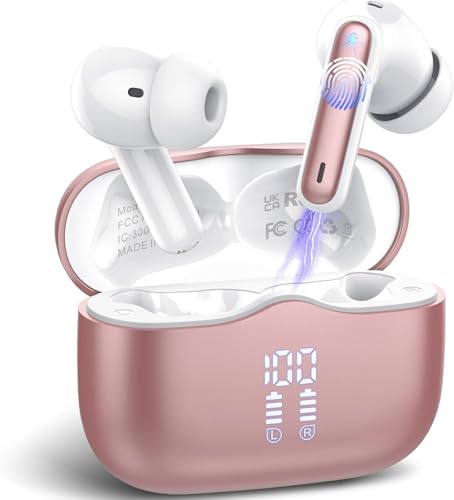 Bluetooth Kopfhörer, Kopfhörer Kabellos Bluetooth 5.4 In Ear Kopfhörer mit 4 Mikrofon HiFi Stereo, ENC Noise Cancelling Kabellose Kopfhörer 40Std Tiefer Bass, IP7 Wasserdicht Ohrhörer, USB, Roségold von buwy