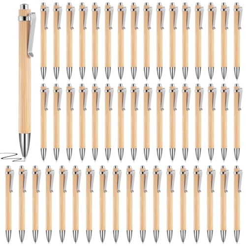 Großpackung mit 50 einziehbaren Bambus-Kugelschreibern, schwarze Tinte, 0,5 mm feine Spitze, glattes Schreiben mit Clip für Schule, Büro und Notizbuch von byepica