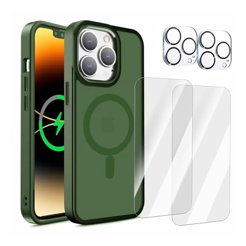 Magnetische Schutzhülle für iPhone 14 Pro,handyhülle iphone 14 Pro 6.1 Zoll kompatibel mit MagSafe,für iPhone 14 Pro Hülle,Stoßfeste Schutzhülle Grün mit 2Stück Bildschirmschutz 2Stück Kameraschutz von cDraFixit
