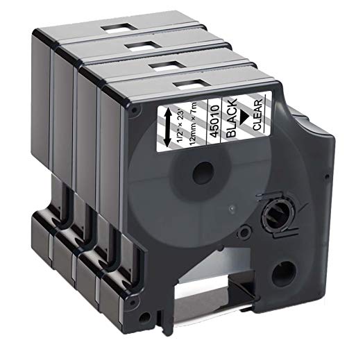 Caidi Klebeband für Etikettiergerät Dymo 45010, 12 mm x 7 m, kompatibel mit DYMO LabelManager LM160 LM210D LM260P LM280 LM360D LabelPoint 200 300 400 450 Duo (Schwarz auf Transparent, 4 Stück) von caidi