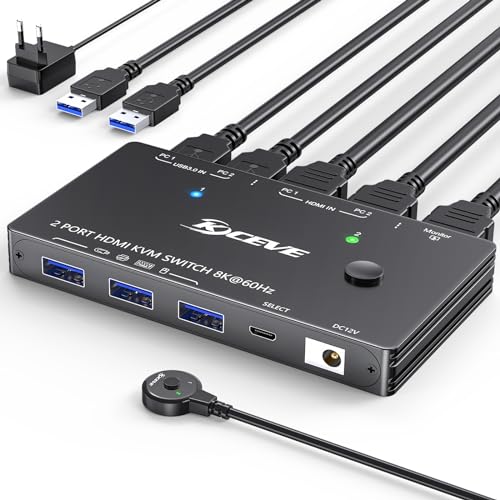 8K HDMI KVM Switch 2 Port 8K@60Hz 4K@120Hz, 2 PC 1 Monitor USB 3.0 KVM Switch HDMI2.1, für 2 Computers teilen sich 1 Monitor und 3 USB 3.0 Geräte, mit Kabelfernbedienung, USB3.0 Kabel, Netzteil von camgeet