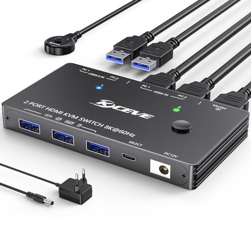 8K HDMI KVM Switch 2 Port 8K@60Hz 4K@120Hz, 2 PC 1 Monitor USB 3.0 KVM Switch HDMI2.1, für 2 Computers teilen sich 1 Monitor und 3 USB 3.0 Geräte, mit Kabelfernbedienung, USB3.0 Kabel, Netzteil von camgeet