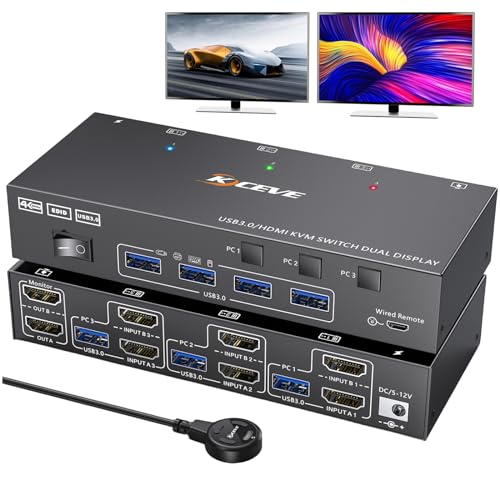 HDMI KVM Switch 3 PC 2 Monitore 4K@60Hz, EDID Emulator, USB 3.0 Dual Monitor KVM Switch HDMI für 3 PC Teilen 2 Displays, 4 USB 3.0 Ports, Extended Display, mit Desktop Controller und 12V DC Netzteil von camgeet