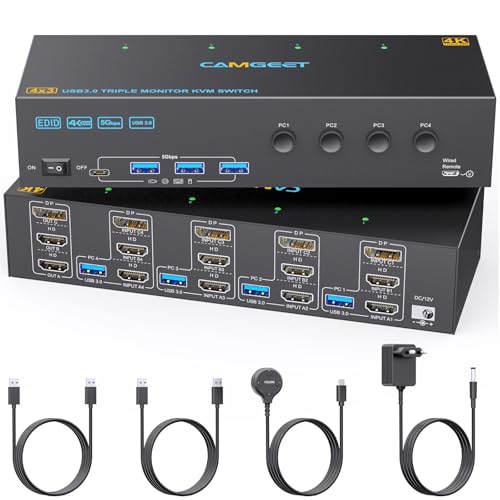 KVM Switch 3 Monitors 4 Computers 4K@60Hz, Camgeet 2 HDMI+Displayport KVM Switch Triple Monitor for 4 Computer Share 3 Monitor and 4 USB3.0 Hub, USB 3.0 KVM Umschalter mit Wired Remote USB Cable KVM Switch 3 Monitors 4 Computers 4K@60Hz, Camgeet 2 HDMI+Displayport KVM Switch Triple Monitor for 4 Computer Share 3 Monitor and 4 USB3.0 Hub, USB 3.0 KVM Umschalter mit Wired Remote USB Cable von camgeet