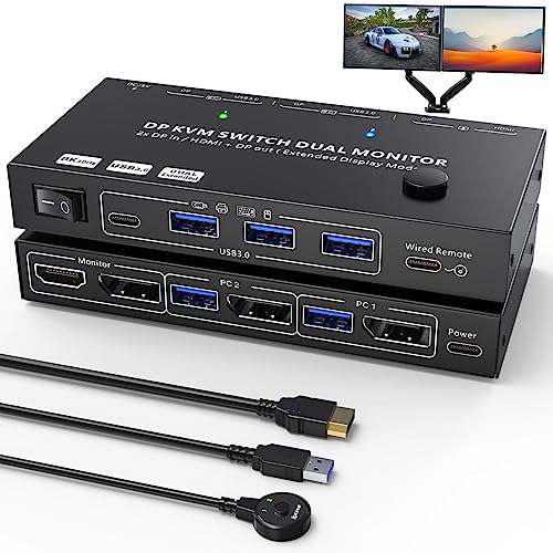 USB 3.0 Displayport KVM Switch 2 PC 2 Monitor 8K@30Hz, 4K@144Hz, MST Dual Monitor KVM Switch, mit 4 USB 3.0 Anschlüssen, Kabelfernbedienung und Displayport 1.4-Kabel von camgeet