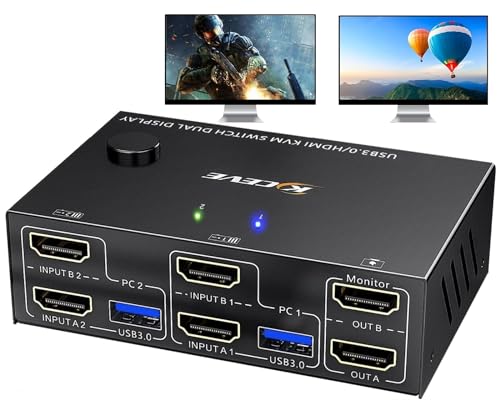 USB 3.0 HDMI KVM Switch 2 PC 2 Monitore 4K@60Hz 2K@144Hz, Dual Monitor KVM Switch EDID Emulator, HDMI2.0 Switches mit 4 USB 3.0 Port für 2 PC Teilen Maus, Tastatur und 2 Monitore, Desktop-Controller von camgeet