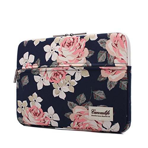 Canvaslife Laptophülle mit Tasche für 33 cm (13 Zoll) große Notebooks, mit 33 cm (13,1 Zoll) und 33,8 cm (13,6 Zoll), Weiß mit Rosenmuster von canvaslife