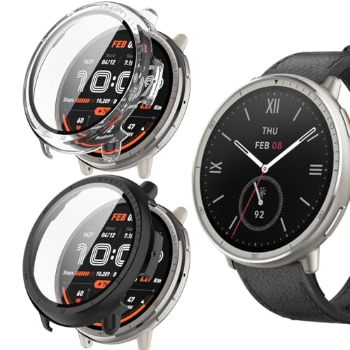carinacoco 2 Stück PC-Hülle kompatibel mit Amazfit Active 2 mit Displayschutzfolie aus gehärtetem Glas, vollständige Abdeckung, hartes Polycarbonat, stoßfest, Schwarz + Transparent carinacoco 2 Stück PC-Hülle kompatibel mit Amazfit Active 2 mit Displayschutzfolie aus gehärtetem Glas, vollständige Abdeckung, hartes Polycarbonat, stoßfest, Schwarz + Transparent von carinacoco