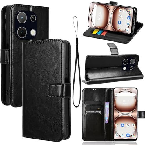 carinacoco Lederhülle für UMIDIGI Note 100A/Note 100, innere schlanke TPU-Hülle mit Kartenfächern und Handschlaufe, [Standfunktion], [RFID-Blockierung], Magnetverschluss, stoßfeste Abdeckung, Schwarz von carinacoco