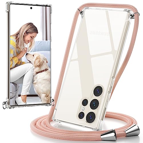 caslord Handykette Handyhülle mit Band für Samsung Galaxy S23 Ultra, Handyband zum Umhängen Handy Umhängeband TPU Handyhülle mit Kette für Galaxy S23 Ultra-Rosa von caslord