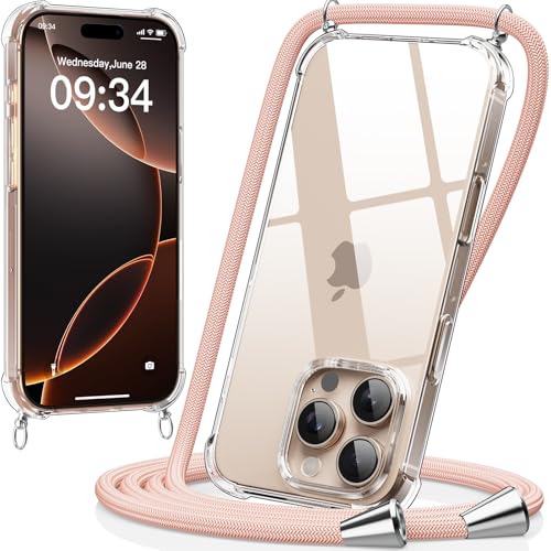caslord Handykette kompatibel mit iPhone 16 Pro 6,3 Zoll, Necklace Hülle mit Bands Handyhülle für zum Umhängen, Transparent Case mit Handykordel,Stoßfeste Schutzhülle zum Umhängen Kordel,Rosa von caslord