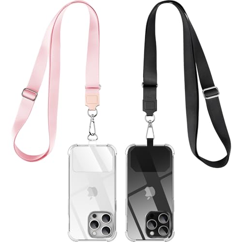 caslord Handykette Universal 2 Stück, 2× Universelles Pad, 2× Einstellbar Halsband Schlüsselband, Kompatibel mit alle Smartphone, Handyband mit jeder Hülle kombinierbar,(Schwarz+Rosa) von caslord