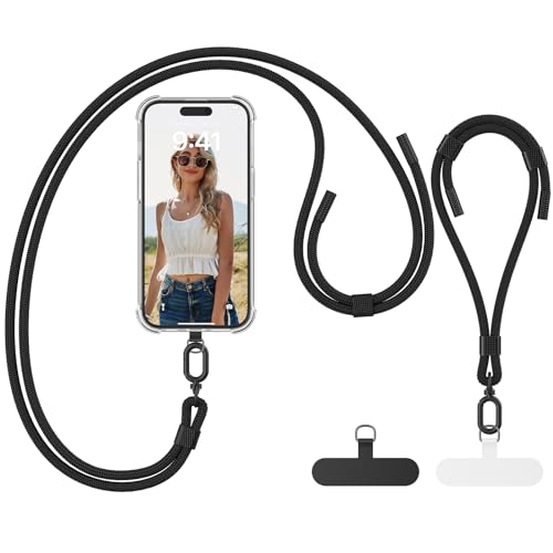 caslord Handykette Universal für alle Smartphones, Kette zum Umhängen um Hals & Handgelenk, mit 2 Einstellbar Schlüsselband Kette und 2 Universelles Pad, Handyband für alle Standard Handyhülle-Schwarz von caslord