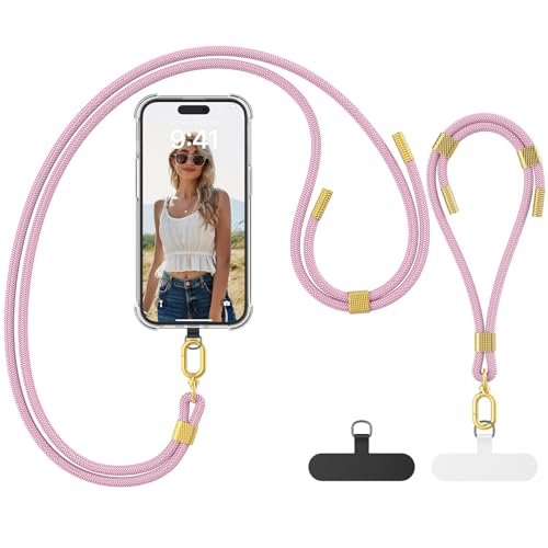 caslord Handykette Universal für alle Smartphones, Kette zum Umhängen um Hals & Handgelenk, mit 2 Einstellbar Schlüsselband Kette und 2 Universelles Pad, für alle Standard Handyhülle - Roségold von caslord