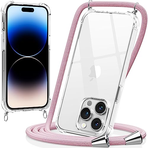 caslord Handykette iPhone 14 Pro Max Hülle mit Band 6.7" Necklace Hülle mit Band Handyhülle für zum Umhängen, Stoßfeste Transparent Case mit Schnur Abnehmbar, Roségold von caslord