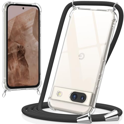 caslord Handykette kompatibel mit Google Pixel 8A, Necklace Hülle mit Bands Handyhülle für zum Umhängen, Transparent Case mit Handykordel,Stoßfeste Schutzhülle zum Umhängen Kordel,Schwarz von caslord