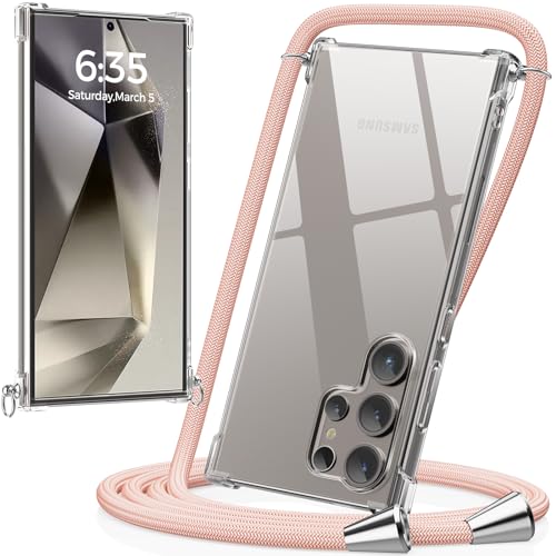 caslord Handykette kompatibel mit Samsung Galaxy S24 Ultra, Necklace Hülle mit Bands Handyhülle für zum Umhängen, Transparent Case mit Handykordel,Stoßfeste Schutzhülle zum Umhängen Kordel,Rosa von caslord