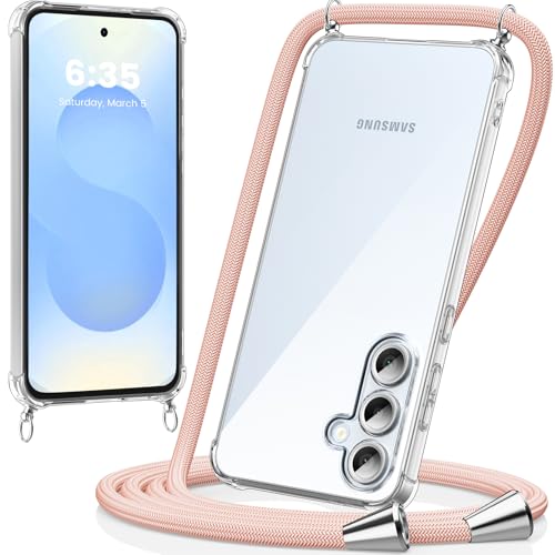 caslord Handykette kompatibel mit Samsung Galaxy S25, Necklace Hülle mit Bands Handyhülle für zum Umhängen, Transparent Case mit Handykordel,Stoßfeste Schutzhülle zum Umhängen Kordel, Rosa von caslord
