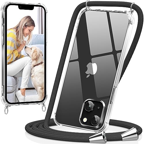 caslord Handykette kompatibel mit iPhone 13 6.1'', Necklace Hülle mit Bands Handyhülle für zum Umhängen, Transparent Case mit Handykordel, Schwarz von caslord