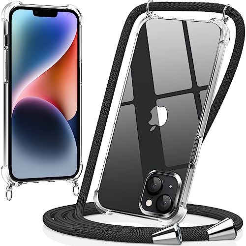 caslord Handykette kompatibel mit iPhone 14 6.1'', Necklace Hülle mit Bands Handyhülle für zum Umhängen, Transparent Case mit Handykordel, Schwarz von caslord