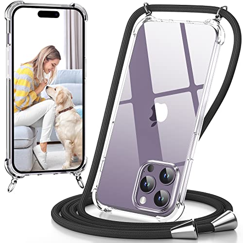 caslord Handykette kompatibel mit iPhone 14 Pro, Necklace Hülle mit Bands Handyhülle für zum Umhängen, Transparent Case mit Handykordel, Schwarz von caslord