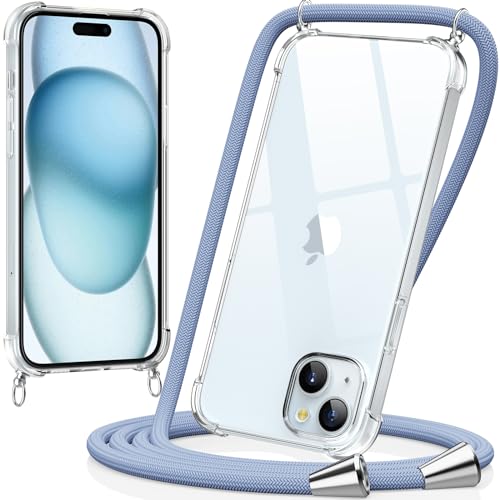 caslord Handykette kompatibel mit iPhone 15 6,1 Zoll, Necklace Hülle mit Bands Handyhülle für zum Umhängen, Transparent Case mit Handykordel,Stoßfeste Schutzhülle zum Umhängen Kordel, Blau von caslord