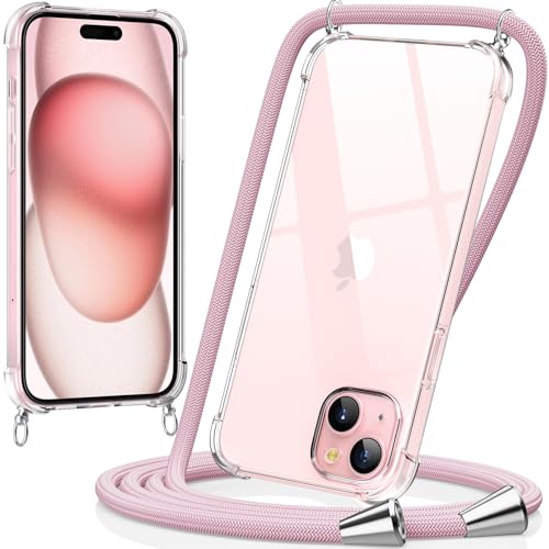 caslord Handykette kompatibel mit iPhone 15 6,1 Zoll, Necklace Hülle mit Bands Handyhülle für zum Umhängen, Transparent Case mit Handykordel,Stoßfeste Schutzhülle zum Umhängen Kordel, Roségold von caslord