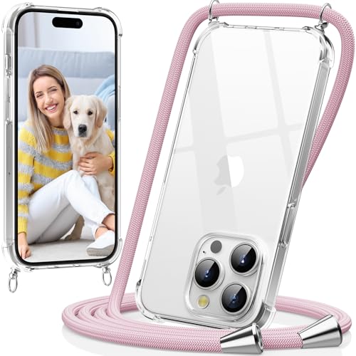 caslord Handykette kompatibel mit iPhone 15 Pro 6,1 Zoll, Necklace Hülle mit Bands Handyhülle für zum Umhängen, Transparent Case mit Handykordel,Stoßfeste Schutzhülle zum Umhängen Kordel, Roségold von caslord