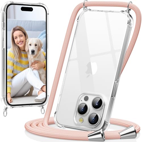 caslord Handykette kompatibel mit iPhone 15 Pro 6,1 Zoll, Necklace Hülle mit Bands Handyhülle für zum Umhängen, Transparent Case mit Handykordel,Stoßfeste Schutzhülle zum Umhängen Kordel, Rosa von caslord