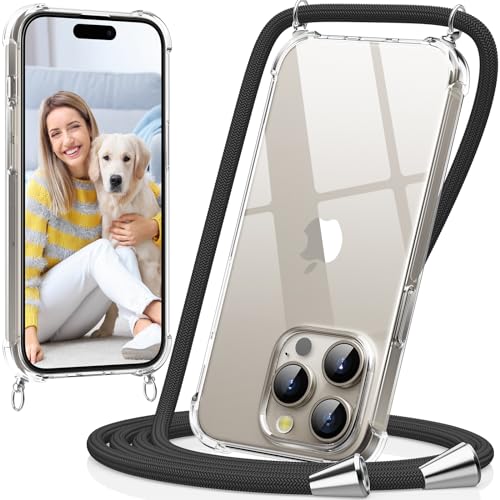 caslord Handykette kompatibel mit iPhone 15 Pro Max, Necklace Hülle mit Bands Handyhülle für zum Umhängen, Transparent Case mit Handykordel,Stoßfeste Schutzhülle zum Umhängen Kordel, Schwarz von caslord
