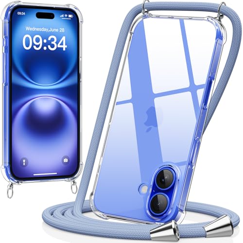 caslord Handykette kompatibel mit iPhone 16 6,3 Zoll, Necklace Hülle mit Bands Handyhülle für zum Umhängen, Transparent Case mit Handykordel,Stoßfeste Schutzhülle zum Umhängen Kordel,Blau von caslord