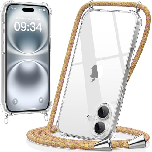caslord Handykette kompatibel mit iPhone 16 6,3 Zoll, Necklace Hülle mit Bands Handyhülle für zum Umhängen, Transparent Case mit Handykordel,Stoßfeste Schutzhülle zum Umhängen Kordel,Rainbow von caslord