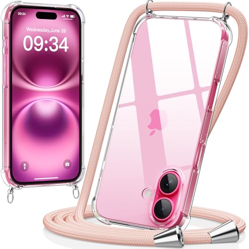 caslord Handykette kompatibel mit iPhone 16 6,3 Zoll, Necklace Hülle mit Bands Handyhülle für zum Umhängen, Transparent Case mit Handykordel,Stoßfeste Schutzhülle zum Umhängen Kordel,Rosa von caslord