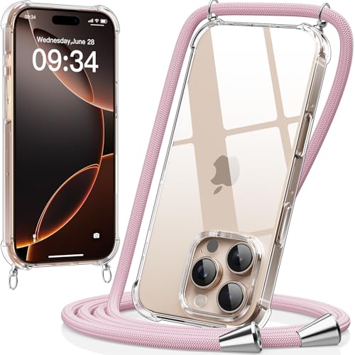 caslord Handykette kompatibel mit iPhone 16 Pro 6,3 Zoll, Necklace Hülle mit Bands Handyhülle für zum Umhängen, Transparent Case mit Handykordel,Stoßfeste Schutzhülle zum Umhängen Kordel,Roségold von caslord