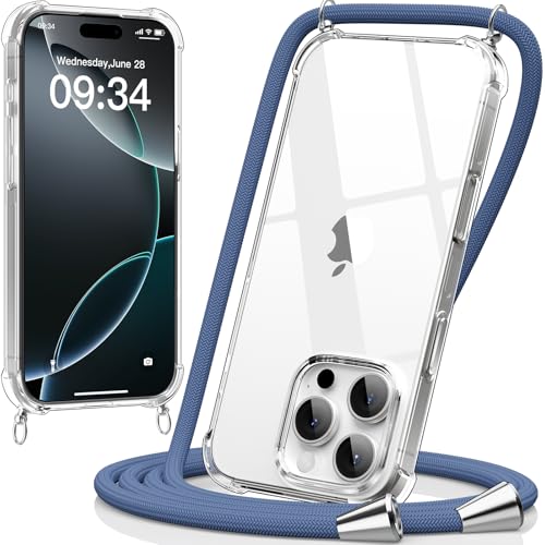 caslord Handykette kompatibel mit iPhone 16 Pro 6,3 Zoll, Necklace Hülle mit Bands Handyhülle für zum Umhängen, Transparent Case mit Handykordel,Stoßfeste Schutzhülle zum Umhängen Kordel,Blau von caslord