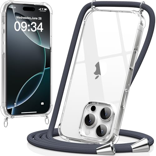 caslord Handykette kompatibel mit iPhone 16 Pro Max, Necklace Hülle mit Bands Handyhülle für zum Umhängen, Transparent Case mit Handykordel,Stoßfeste Schutzhülle zum Umhängen Kordel,Dunkelgrau von caslord