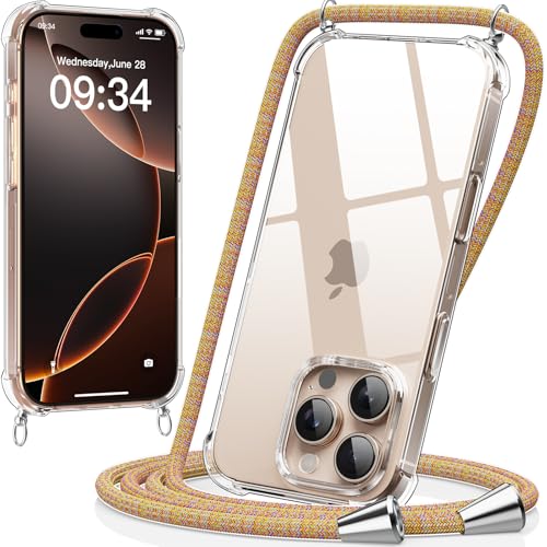 caslord Handykette kompatibel mit iPhone 16 Pro Max, Necklace Hülle mit Bands Handyhülle für zum Umhängen, Transparent Case mit Handykordel,Stoßfeste Schutzhülle zum Umhängen Kordel,Rainbow von caslord