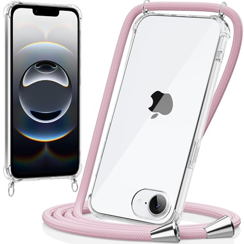 caslord Handykette kompatibel mit iPhone 16e, Necklace Hülle mit Bands Handyhülle für zum Umhängen, Transparent Case mit Handykordel,Stoßfeste Schutzhülle zum Umhängen Kordel, Roségold von caslord