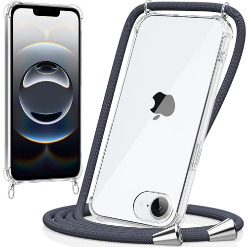 caslord Handykette kompatibel mit iPhone 16e, Necklace Hülle mit Bands Handyhülle für zum Umhängen, Transparent Case mit Handykordel,Stoßfeste Schutzhülle zum Umhängen Kordel, Dunkelgrau von caslord