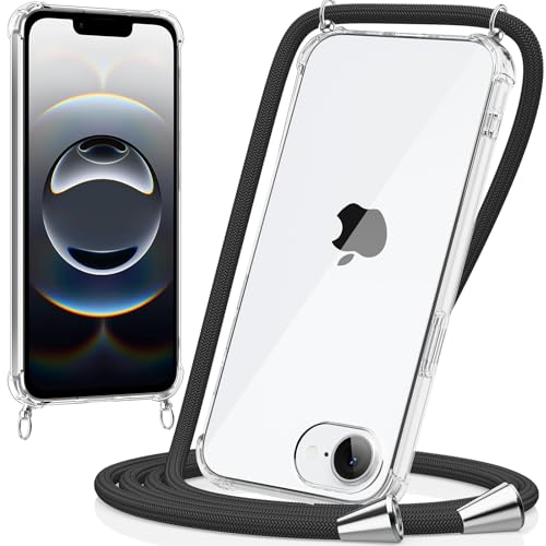 caslord Handykette kompatibel mit iPhone 16e, Necklace Hülle mit Bands Handyhülle für zum Umhängen, Transparent Case mit Handykordel,Stoßfeste Schutzhülle zum Umhängen Kordel, Schwarz von caslord