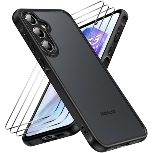 caslord Hülle für Samsung Galaxy A55 5G mit 3 Stück Panzer Schutz Glas, [Kameraschutz] [Stoßfest] Handyhülle, Matt Durchscheinende Rückseite Anti-Fingerabdruck Schutzhülle Case, Schwarz von caslord
