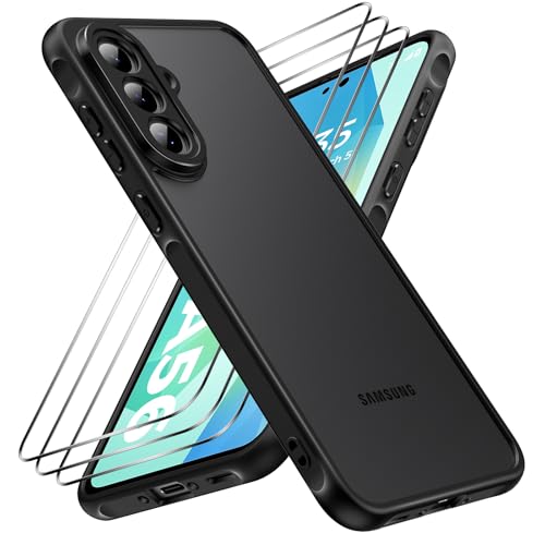 caslord Hülle für Samsung Galaxy A56 5G mit 3 Stück Panzer Schutz Glas, [Kameraschutz] [Stoßfest] Handyhülle, Matt Durchscheinende Rückseite Anti-Fingerabdruck Schutzhülle Case, Schwarz von caslord