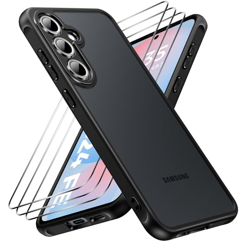 caslord Hülle für Samsung Galaxy S24 FE 5G mit 3 Stück Panzer Schutz Glas, [Kameraschutz] [Stoßfest] Handyhülle, Matt Durchscheinende Rückseite Anti-Fingerabdruck Schutzhülle Case, Schwarz von caslord
