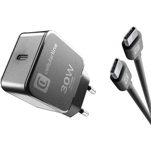Cellularline - Charger Kit 30W Power Delivery - USB-C Ladegerät und USB-C Kabel - Laden Sie Google, Motorola und alle kompatiblen Marken mit 30W auf - 1 Meter langes Kabel - Schwarz von cellularline