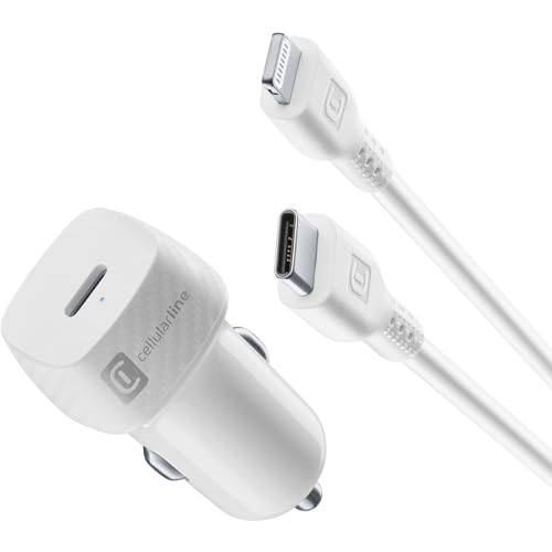 Cellularline - Kfz-Ladegerät für Zigarettenanzünder 12/24 V USB-C-Ausgang 20 W - Schnellladung für iPhone 8 und höher mit USB-C auf Lightning-Kabel inklusive von cellularline