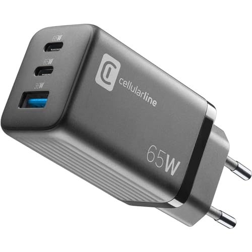 Cellularline | Multipower Micro Netzladegerät | Super Fast Charger 65W mit 3 USB-C-Anschlüssen - ausgestattet mit Gan-Technologie - Kompatibel mit Smartphones, iPhone, Tablet, iPad, Laptop und MacBook von cellularline