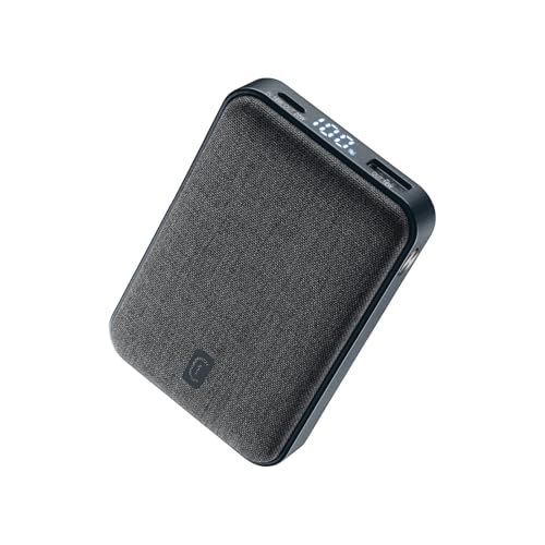 Cellularline Power Bank Glam 10000 – 10000mAh Powerbank mit LCD-Display, 3 Anschlüsse (USB-C Eingang/Ausgang 18W, USB Ausgang 18W), Stoffveredelung, für Smartphones - Schwarz von cellularline